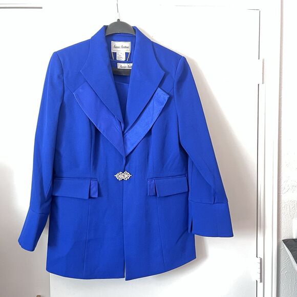 Aussie Austine 3-Piece Suit — Royal Blue Satin Lapel Jacket Long Skirt Suit 14 - Picture 2 of 3